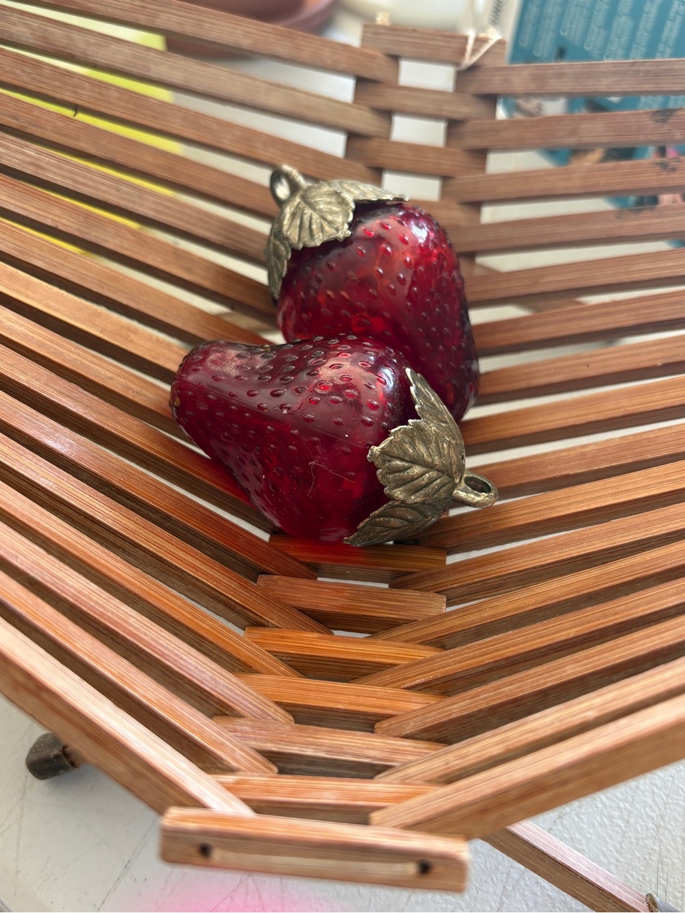 Vintage Glass Red Strawberry Salt & Pepper Shakers with Brass Leaf Caps - Picture 3 of 8